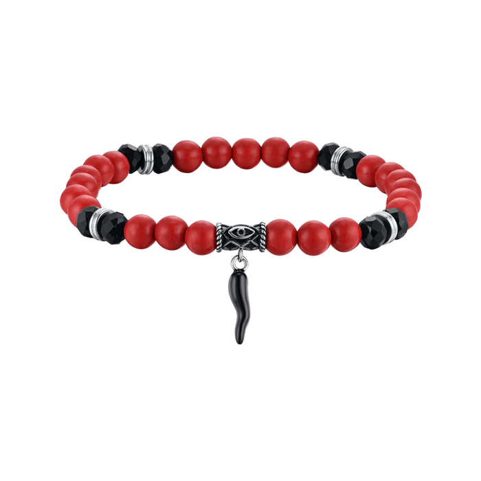 BRACCIALE UOMO ELASTICO CON PIETRE ROSSE E NERE E CORNO NERO