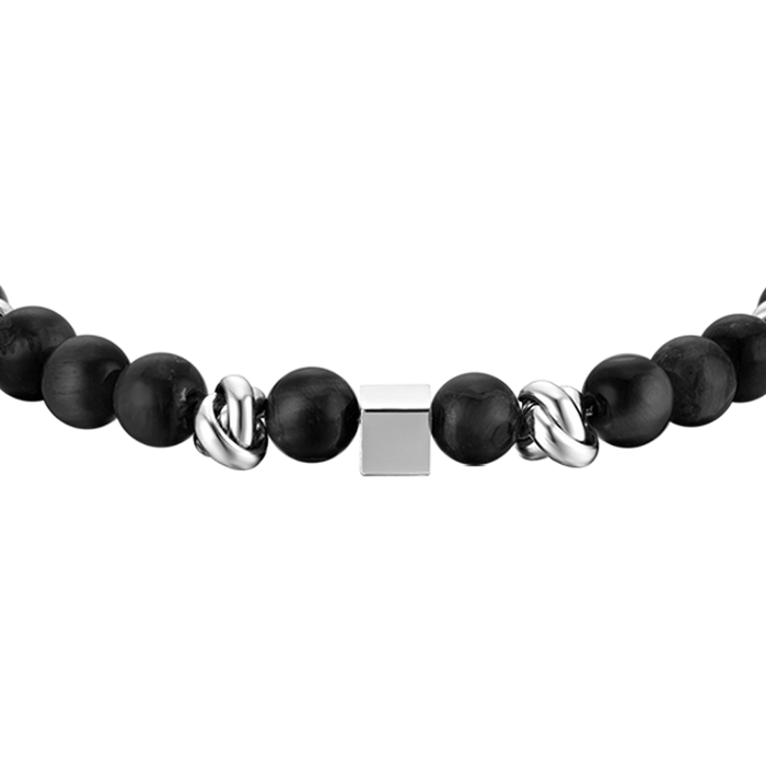 BRACCIALE UOMO IN ACCIAIO CON PIETRE NERE ED ELEMENTI IN ACCIAIO