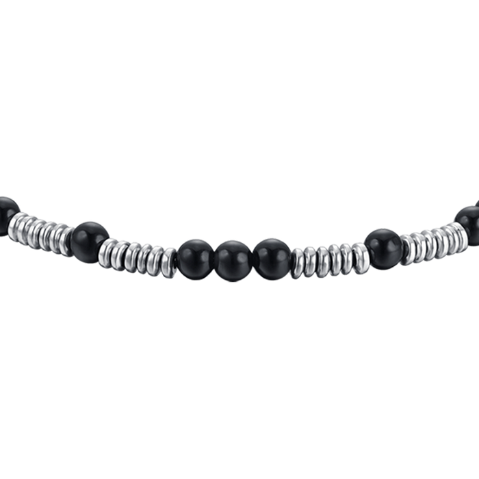 BRACCIALE UOMO IN ACCIAIO CON PIETRE NERE ED ELEMENTI IN ACCIAIO