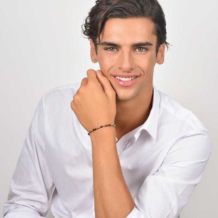 BRACCIALE UOMO IN ACCIAIO CON PIETRE OCCHIO DI TIGRE ED ELEMENTI IN ACCIAIO