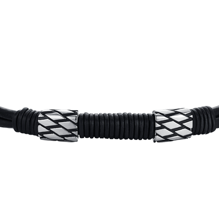 BRACCIALE UOMO IN CUOIO NERO CON ELEMENTI IN ACCIAIO