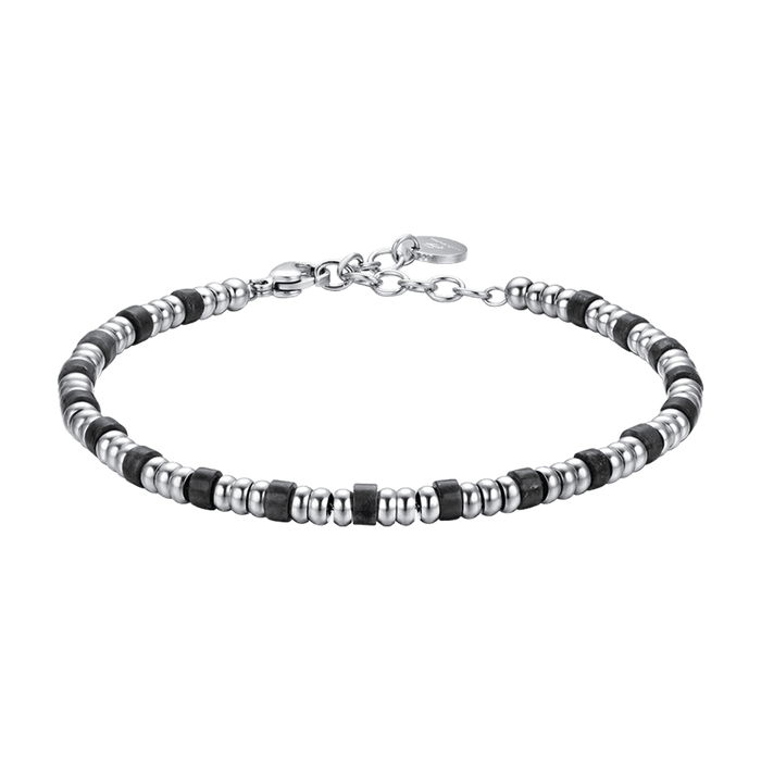 BRACCIALE UOMO IN ACCIAIO CON ELEMENTI SILVER E PIETRE NERE