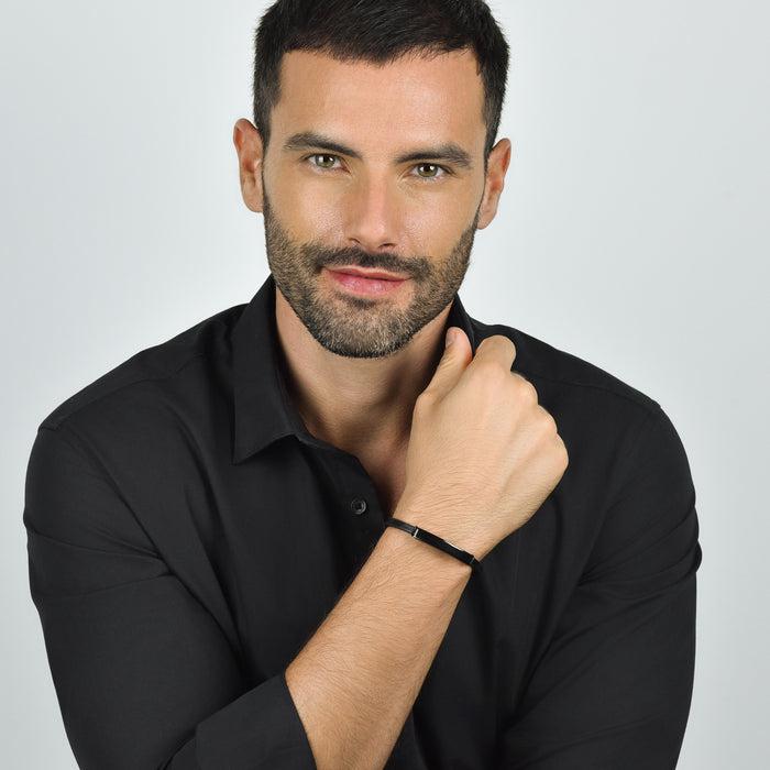 BRACCIALE UOMO IN CUOIO CON PIASTRA IN ACCIAIO IP NERO