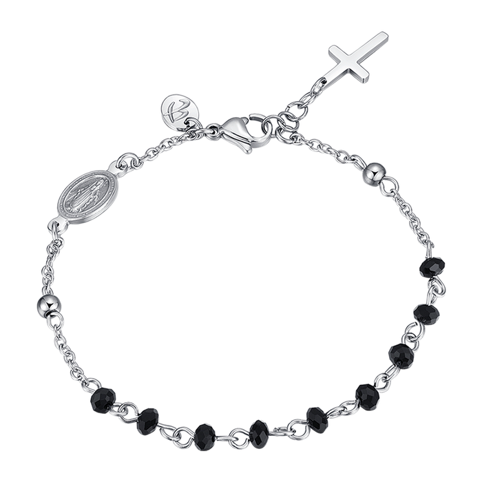 BRACELET HOMME EN ACIER AVEC CHAPELET, PENDENTIF CROIX ET CRISTAUX NOIRS
