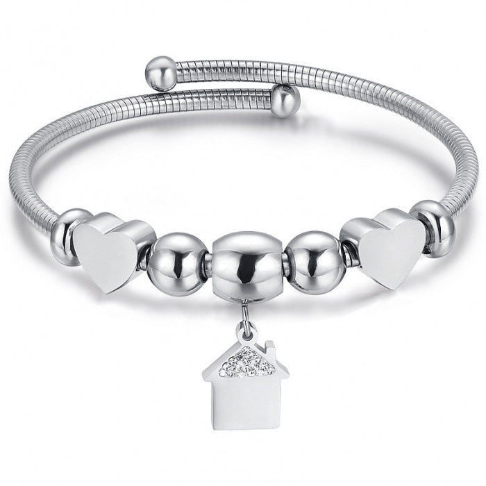 Bracelet rigide avec pendentif coeurs et maison avec strass