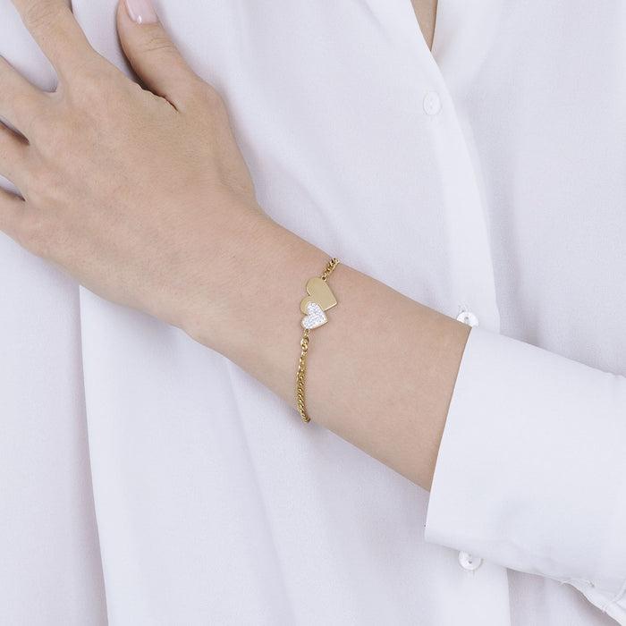 BRACCIALE IN ACCIAIO IP GOLD CON CUORI E CRISTALLI BIANCHI