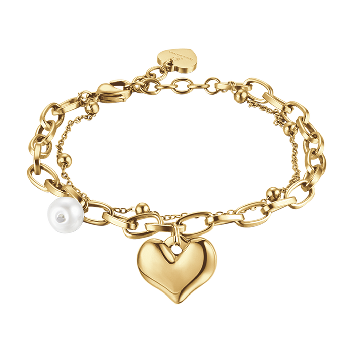 WOMEN'S BRACELET IN IP GOLD STEEL WITH HEART AND PEARLS