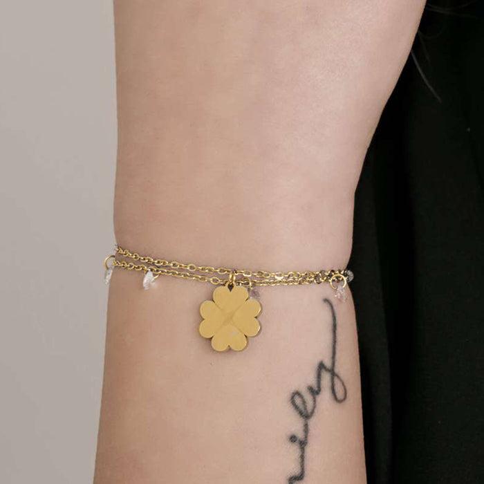 BRACELET FEMME EN ACIER DORÉ IP AVEC TRÈFLE À QUATRE FEUILLES