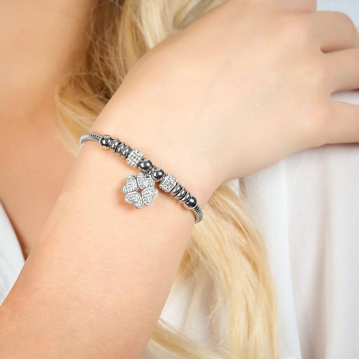 WOMEN'S STEEL BRACELET WITH FOUR-LEAF CLOVER WITH WHITE CRYSTALS