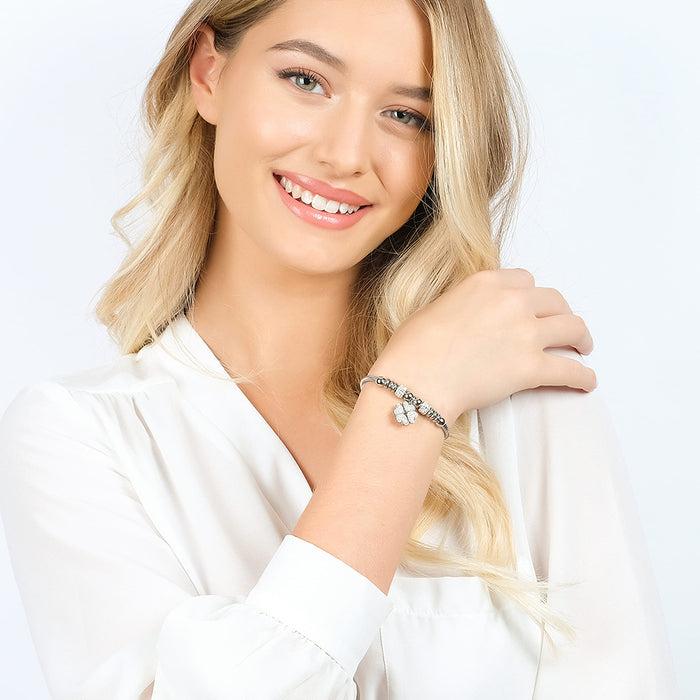 BRACCIALE DONNA IN ACCIAIO CON QUADRIFOGLIO CON CRISTALLI BIANCHI
