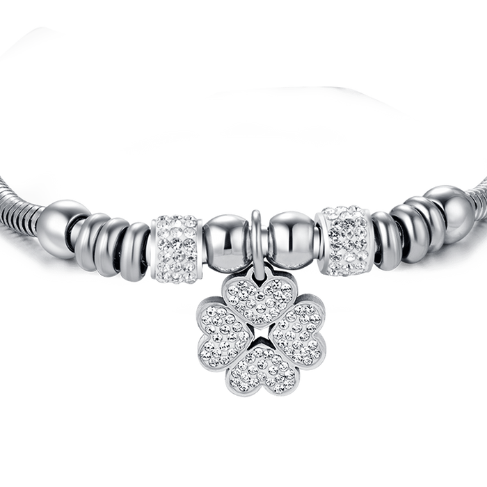 WOMEN'S STEEL BRACELET WITH FOUR-LEAF CLOVER WITH WHITE CRYSTALS