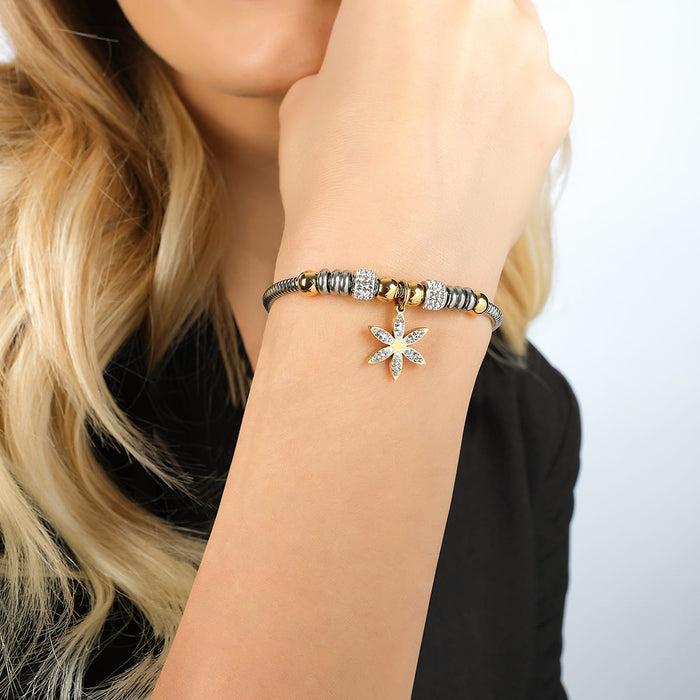 BRACCIALE DONNA IN ACCIAIO CON FIORE DELLA VITA CON CRISTALLI BIANCHI
