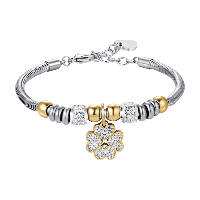 WOMEN'S STEEL BRACELET WITH FOUR-LEAF CLOVER WITH WHITE CRYSTALS