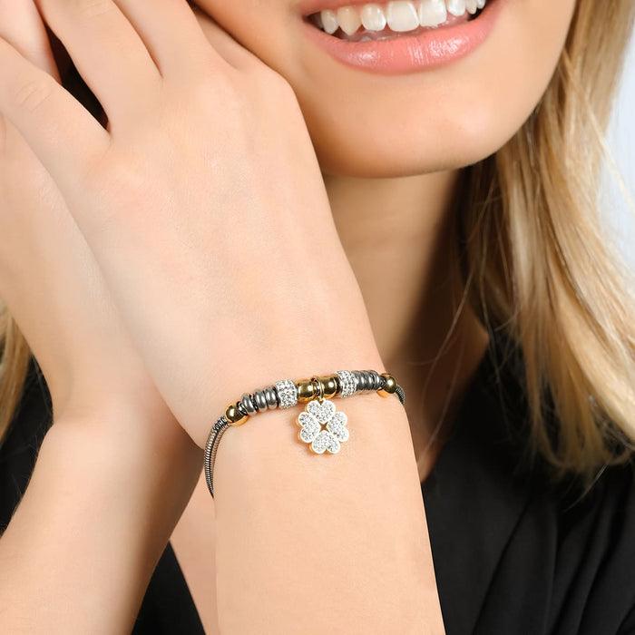 WOMEN'S STEEL BRACELET WITH FOUR-LEAF CLOVER WITH WHITE CRYSTALS