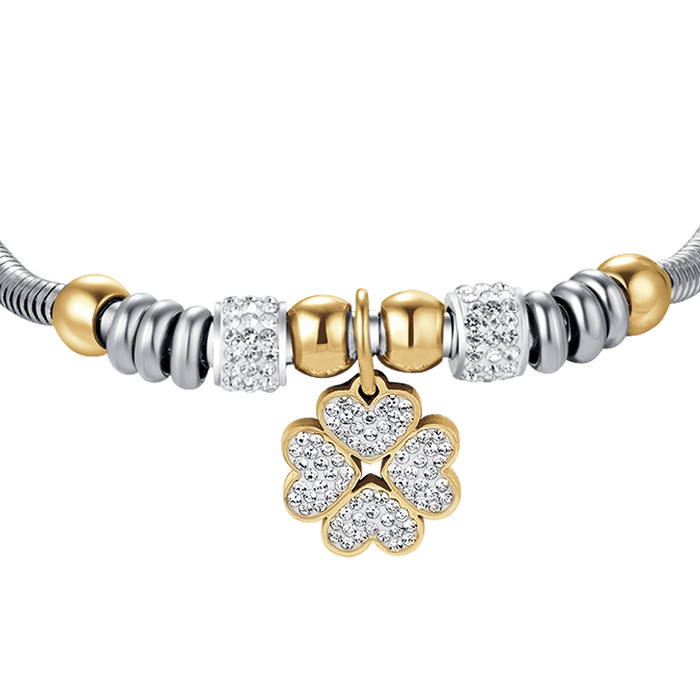 WOMEN'S STEEL BRACELET WITH FOUR-LEAF CLOVER WITH WHITE CRYSTALS