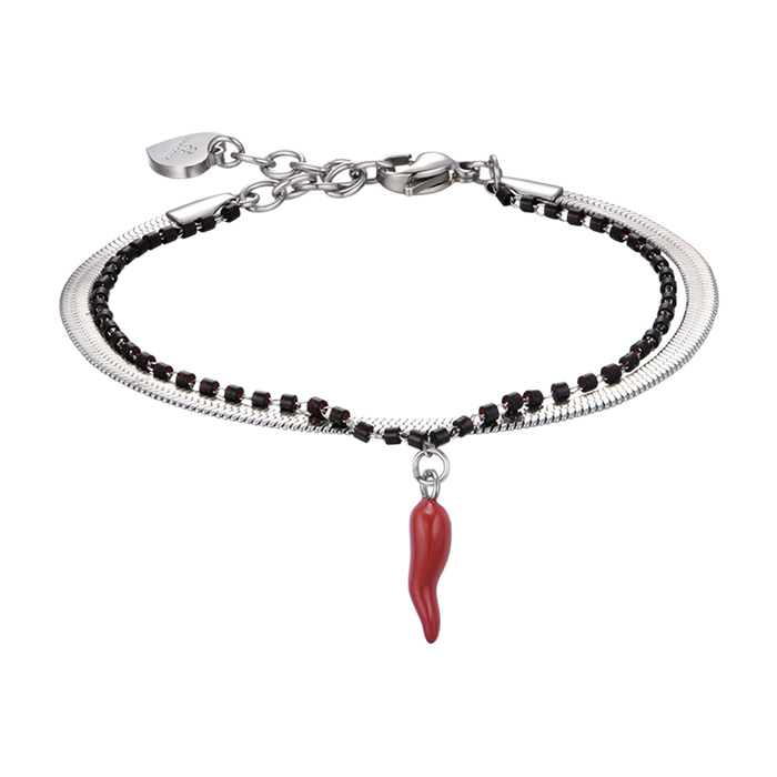 BRACCIALE DONNA IN ACCIAIO CON CORNO CON SMALTO ROSSO ED ELEMENTI NERI