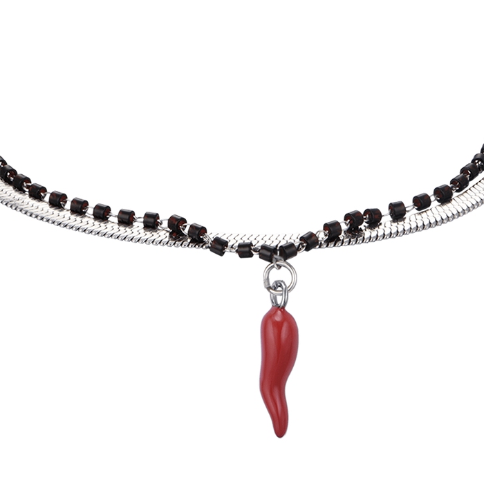 BRACCIALE DONNA IN ACCIAIO CON CORNO CON SMALTO ROSSO ED ELEMENTI NERI