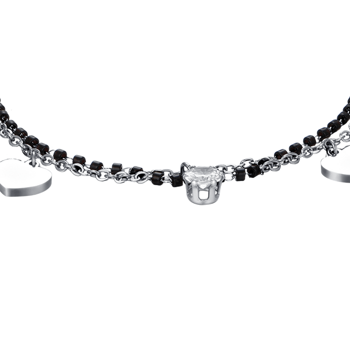 WOMEN'S STEEL BRACELET WITH HEARTS, BLACK ELEMENTS AND WHITE CRYSTAL