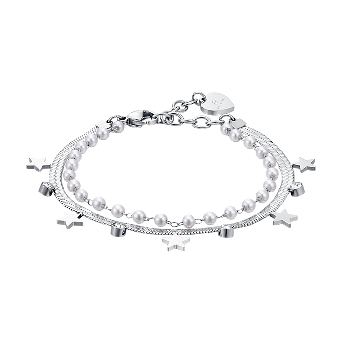 BRACCIALE DONNA IN ACCIAIO CON PERLE BIANCHE, STELLE E CRISTALLI