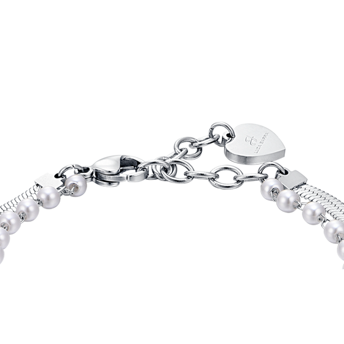 BRACCIALE DONNA IN ACCIAIO CON PERLE BIANCHE, STELLE E CRISTALLI