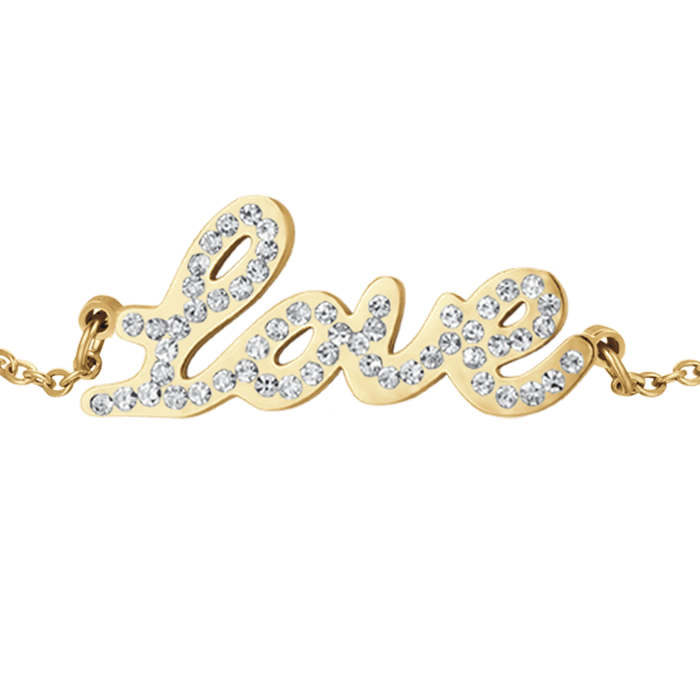 WOMEN'S BRACELET IN IP GOLD STEEL WITH LOVE WRITING WITH WHITE CRYSTALS