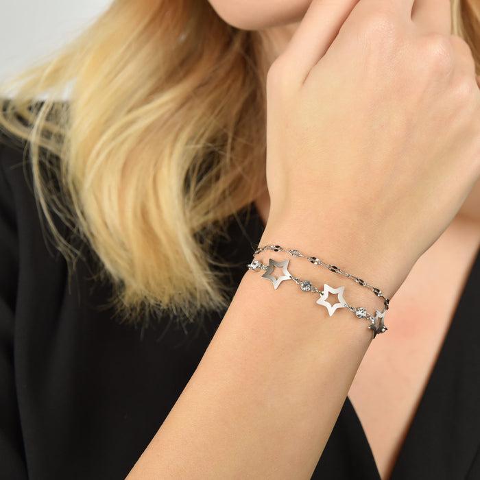 WOMEN'S MULTI-STRING BRACELET IN STEEL WITH OPENWORK STARS AND WHITE CRYSTALS