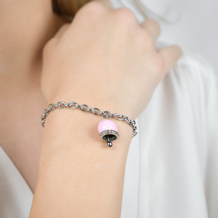 BRACCIALE DONNA IN ACCIAIO CON CAMPANELLA CON SMALTO ROSA E CRISTALLI BIANCHI