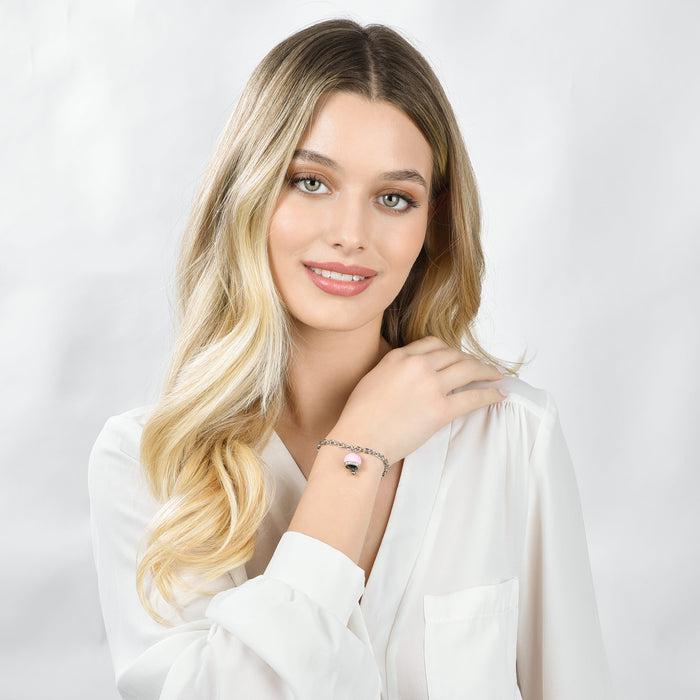 BRACCIALE DONNA IN ACCIAIO CON CAMPANELLA CON SMALTO ROSA E CRISTALLI BIANCHI