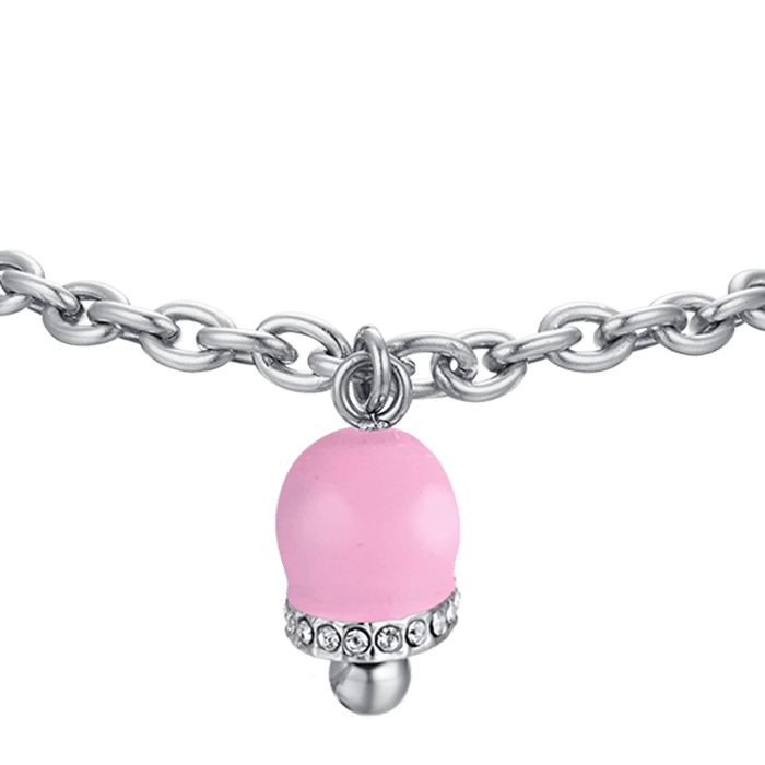 BRACCIALE DONNA IN ACCIAIO CON CAMPANELLA CON SMALTO ROSA E CRISTALLI BIANCHI