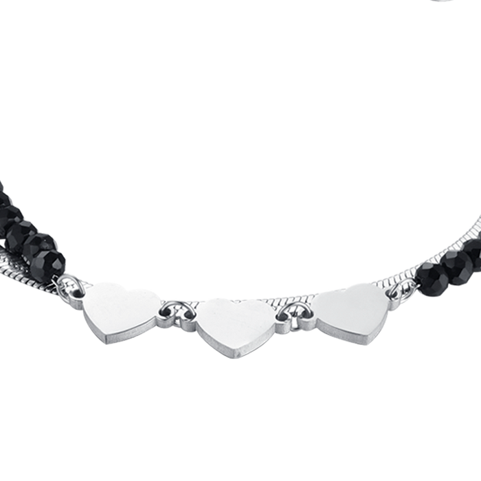 BRACCIALE DONNA MULTIFILO IN ACCIAIO CON CRISTALLI NERI E CUORI