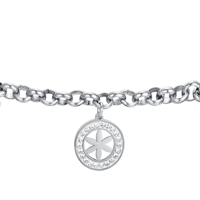 BRACCIALE DONNA IN ACCIAIO CON FIORE DELLA VITA E CRISTALLI BIANCHI
