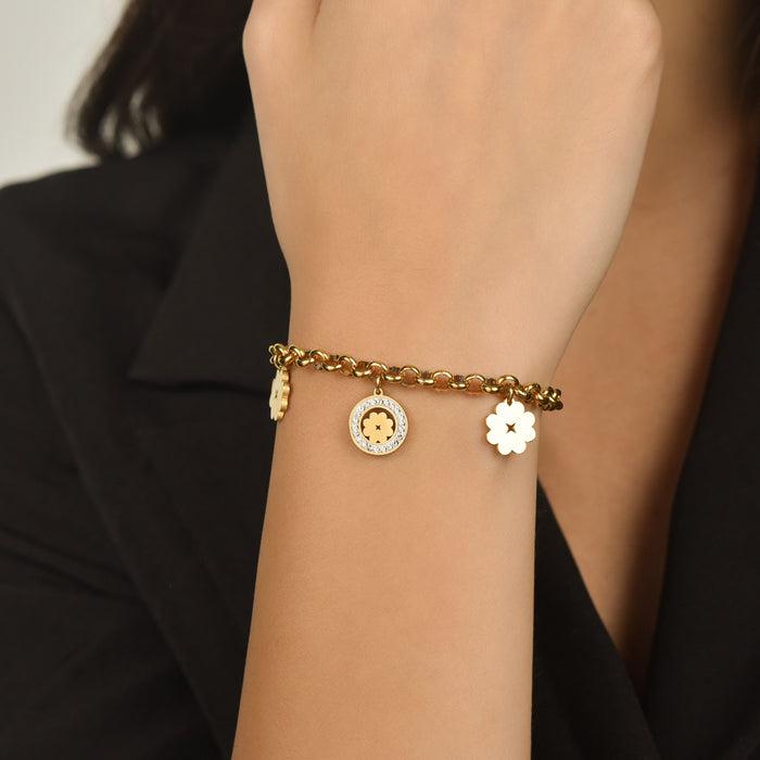 BRACCIALE DONNA IN ACCIAIO CON QUADRIFOGLIO E CRISTALLI BIANCHI
