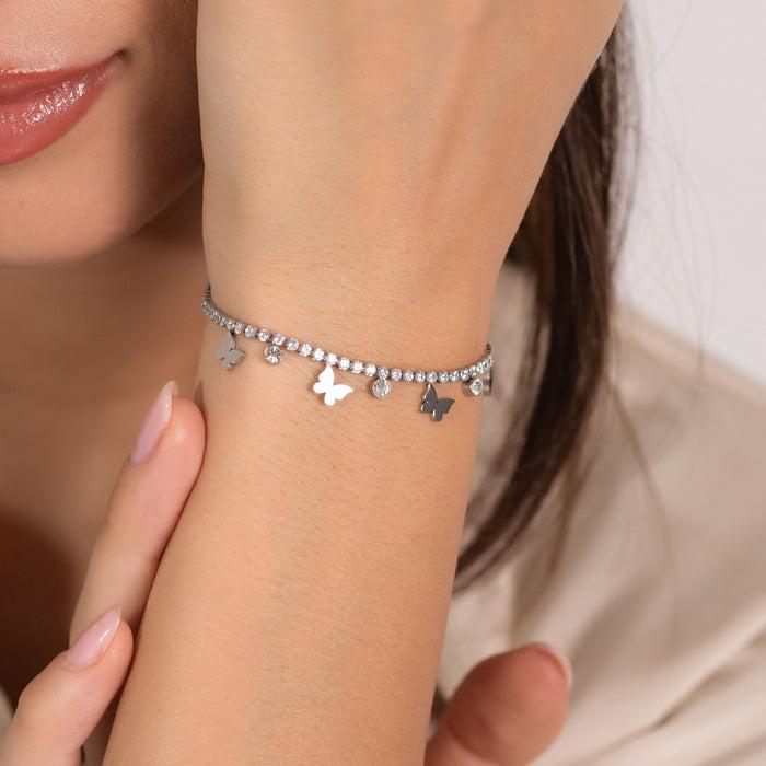 WOMEN'S TENNIS BRACELET IN STEEL WITH WHITE CRYSTALS AND BUTTERFLIES