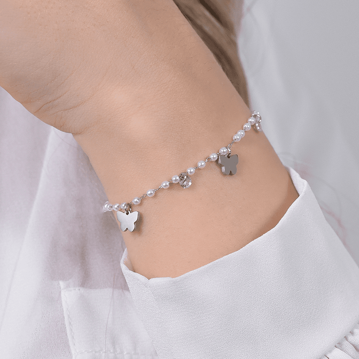 WOMEN'S BRACELET IN STEEL WITH PEARLS AND BUTTERFLIES