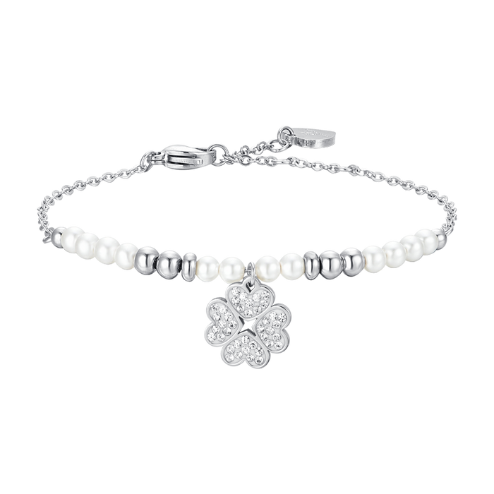 WOMEN'S STEEL BRACELET WITH PEARLS AND FOUR-LEAF CLOVER