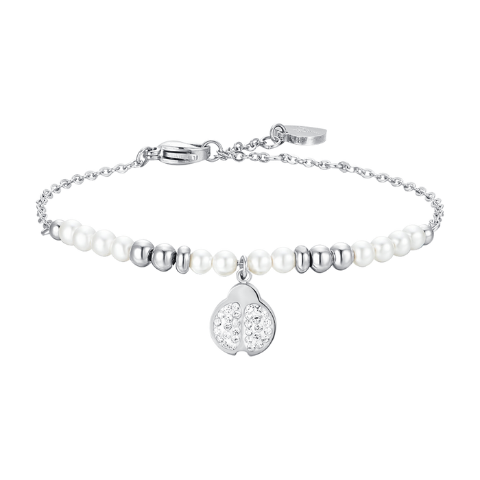 WOMEN'S STEEL BRACELET WITH PEARLS AND LADYBUG