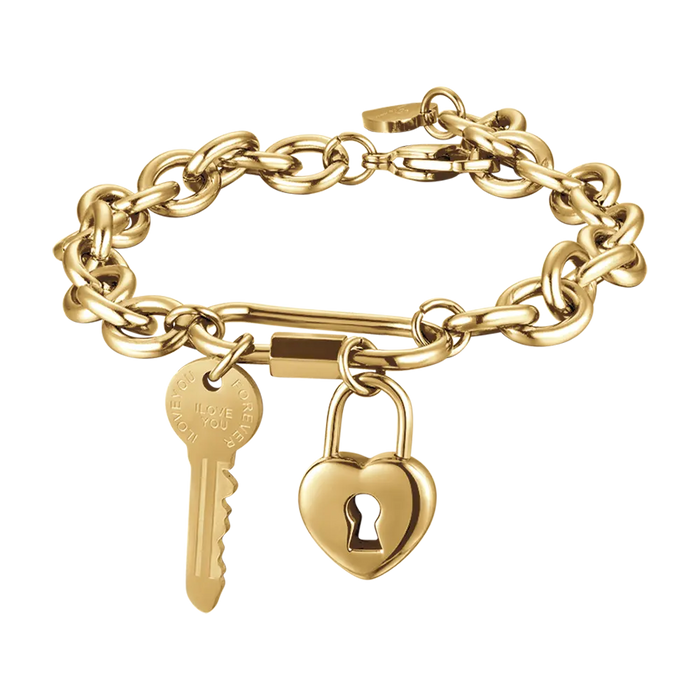 WOMEN'S BRACELET IN IP GOLD STEEL WITH KEY AND HEART PADLOCK