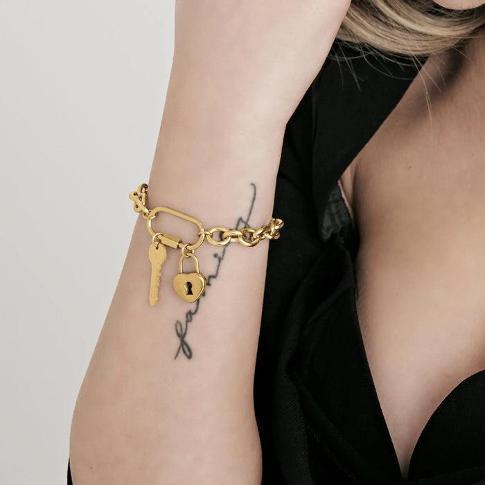 WOMEN'S BRACELET IN IP GOLD STEEL WITH KEY AND HEART PADLOCK