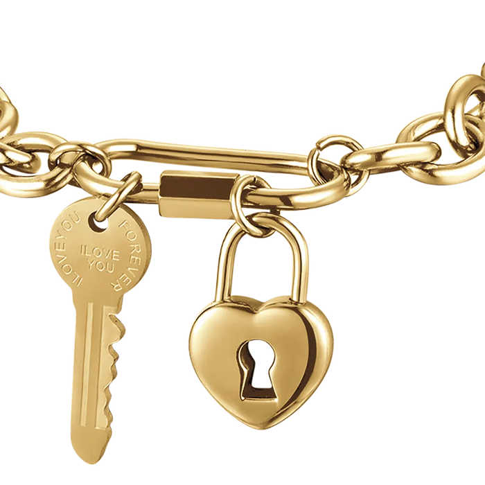 WOMEN'S BRACELET IN IP GOLD STEEL WITH KEY AND HEART PADLOCK