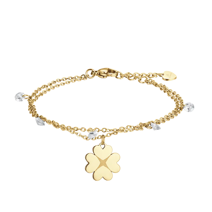 WOMEN'S BRACELET IN IP GOLD STEEL WITH FOUR-LEAF CLOVER AND CRYSTALS