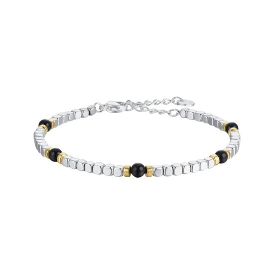 MEN'S BRACELET IN STEEL WITH BLACK STONES AND IP GOLD ELEMENTS
