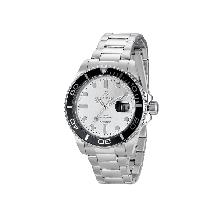 MEN'S WATCH WITH STEEL CASE SILVER DIAL BLACK AND BLUE BEZEL