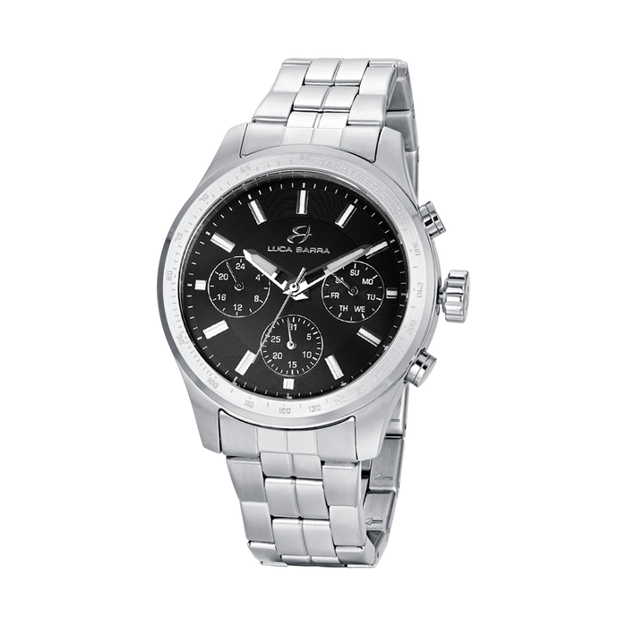 MONTRE EN ACIER POUR HOMME AVEC CADRAN NOIR ET LUNETTE ARGENTÉE