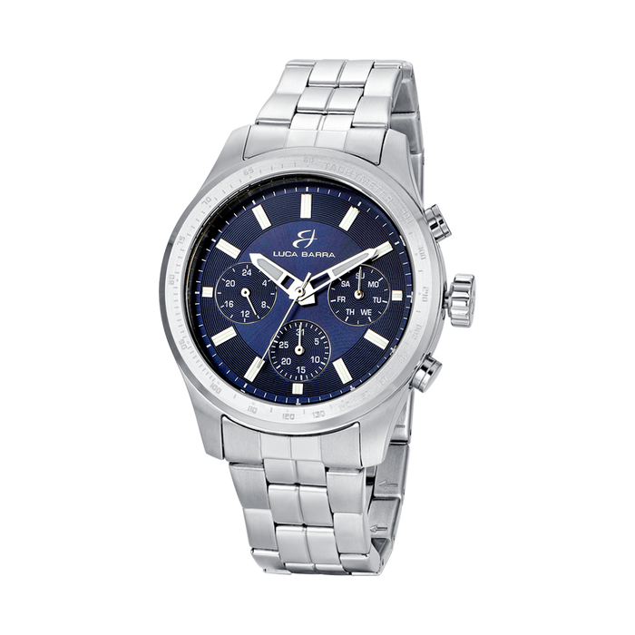MONTRE EN ACIER POUR HOMME AVEC CADRAN BLEU ET LUNETTE ARGENTÉE