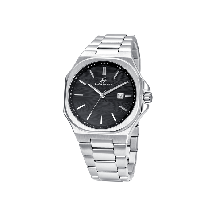 OROLOGIO UOMO IN ACCIAIO QUADRANTE NERO, DETTAGLI SILVER