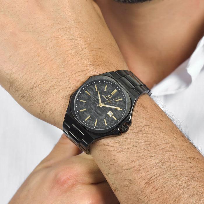 MONTRE HOMME EN ACIER IP NOIR, CADRAN NOIR, DÉTAILS EN OR IP