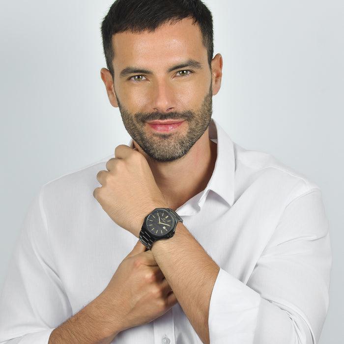 MONTRE HOMME EN ACIER IP NOIR, CADRAN NOIR, DÉTAILS EN OR IP