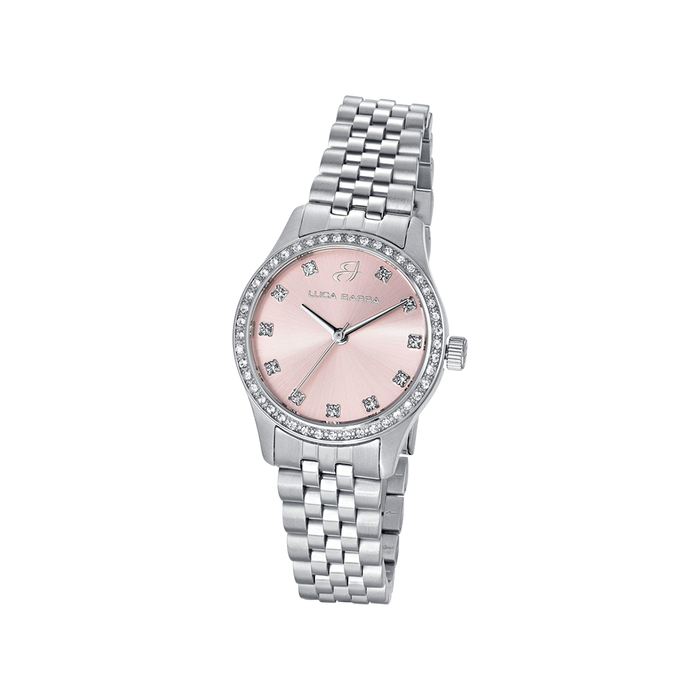OROLOGIO DONNA IN ACCIAIO CON QUADRANTE ROSA E GHIERA CON CRISTALLI BIANCHI