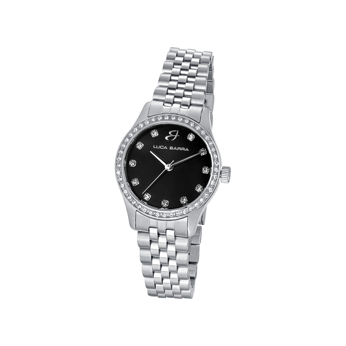 OROLOGIO DONNA IN ACCIAIO CON QUADRANTE NERO E GHIERA CON CRISTALLI BIANCHI