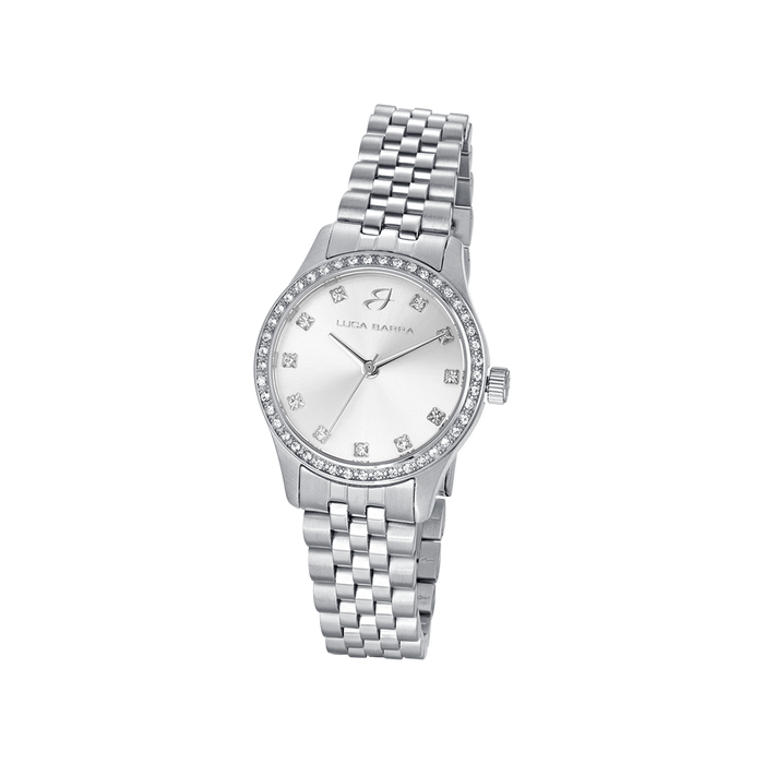 OROLOGIO DONNA IN ACCIAIO CON QUADRANTE SILVER E GHIERA CON CRISTALLI BIANCHI